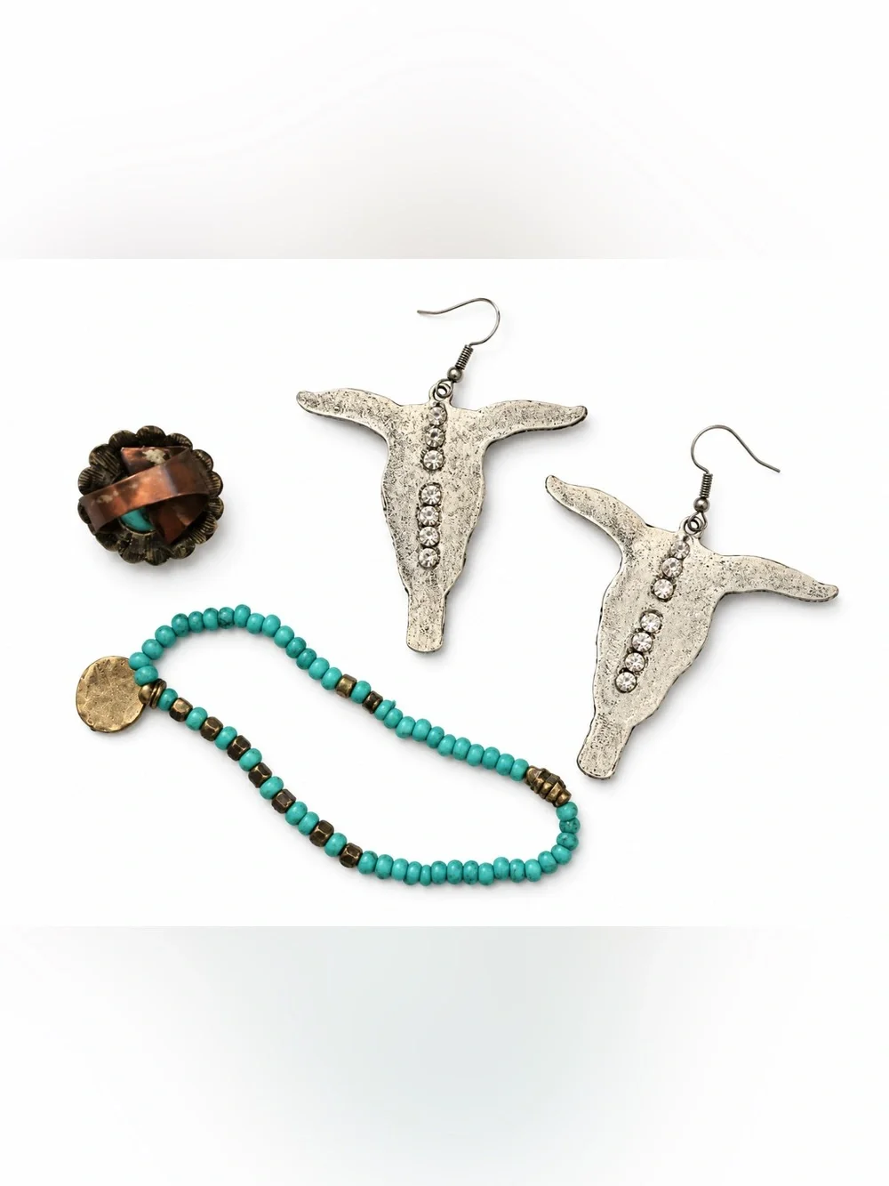 3 Pc Southwestern longhorn skull earrings, ring, and bracelet jewelry bundle